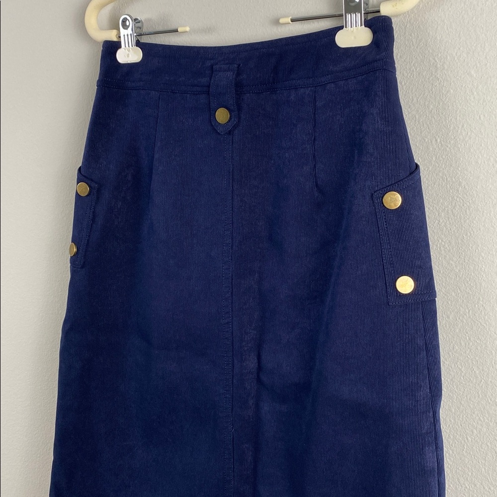 Vee Corduroy Midi Skirt | Lined, Front Slit, 2 Pockets | Navy/Gold - Picture 8 of 15